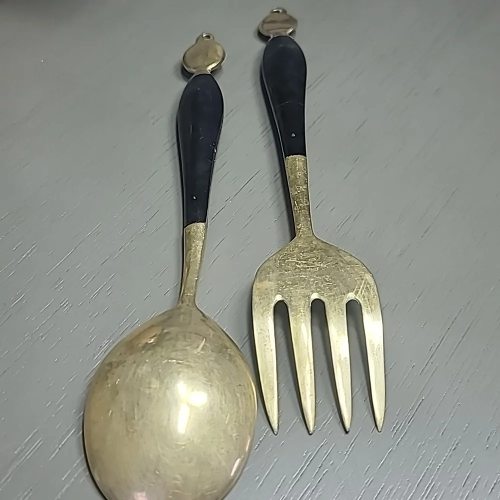 Vintage Elegant Black and Brass Fork and Spoon Set